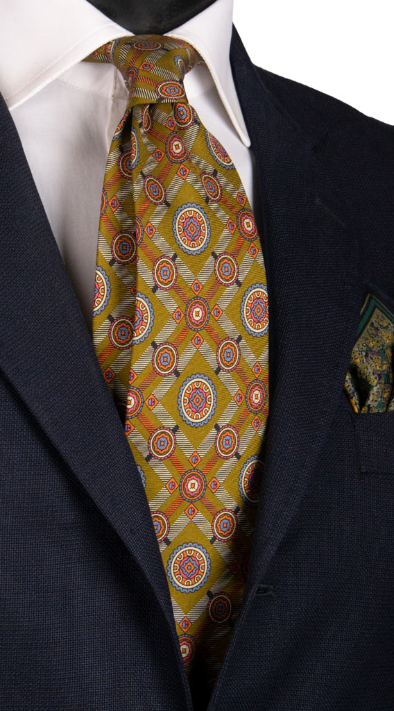 Cravatta Vintage in Twill di Seta Verde Oliva Fantasia Multicolor Made in Italy graffeo Cravatte