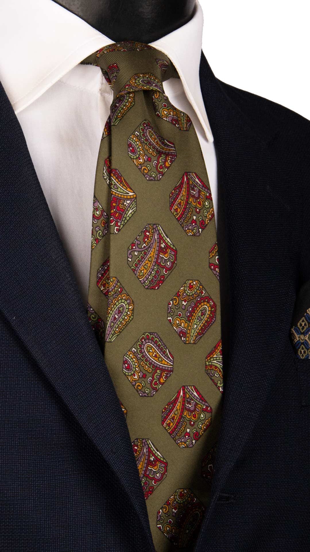 Cravatta Vintage in Twill di Seta Verde Oliva Fantasia Multicolor CV900 Made in Italy Graffeo Cravatte