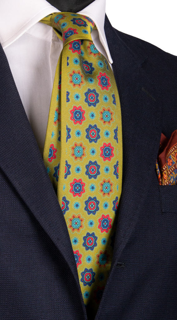 Cravatta Vintage in Twill di Seta Verde Oliva Fantasia Multicolor Con Cornice Made in Italy Graffeo Cravatte