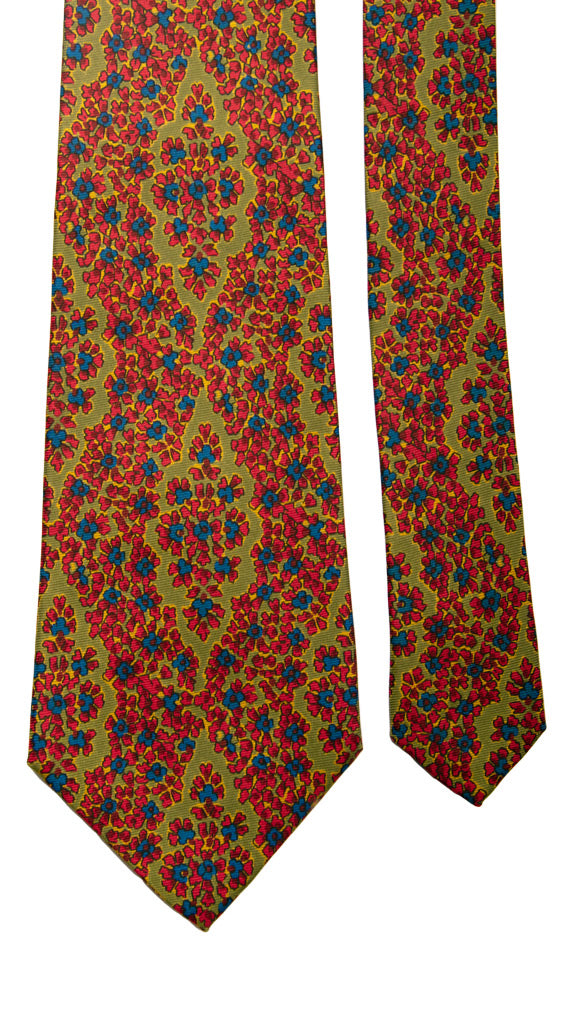 Cravatta Vintage in Twill di Seta Verde Oliva Fantasia Rossa Celeste Made in Italy graffeo Cravatte Pala