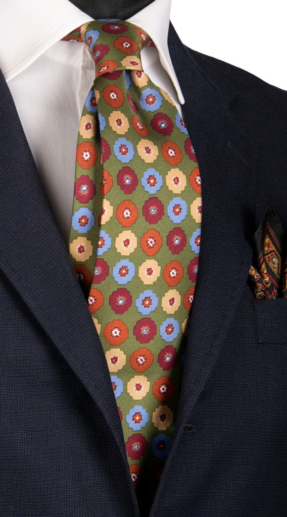 Cravatta Vintage in Twill di Seta Verde a Fiori Multicolor Made in Italy Graffeo Cravatte