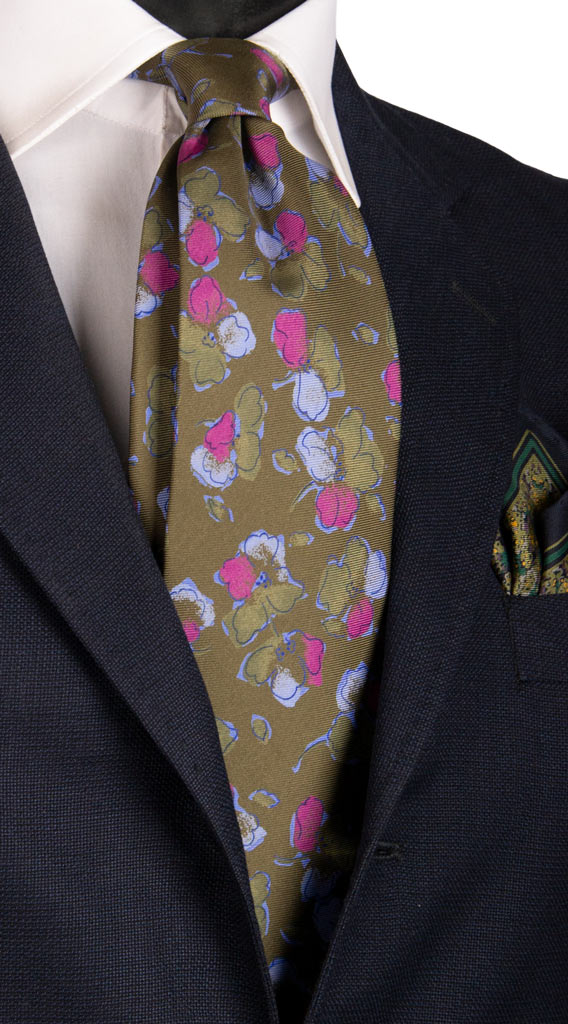 Cravatta Vintage in Twill di Seta Verde a Fiori Viola Azzurro Made in Italy Graffeo Cravatte