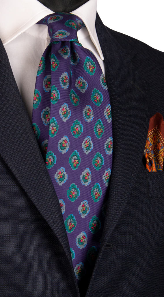 Cravatta Vintage in Twill di Seta Viola Fantasia Multicolor Made in italy Graffeo Cravatte