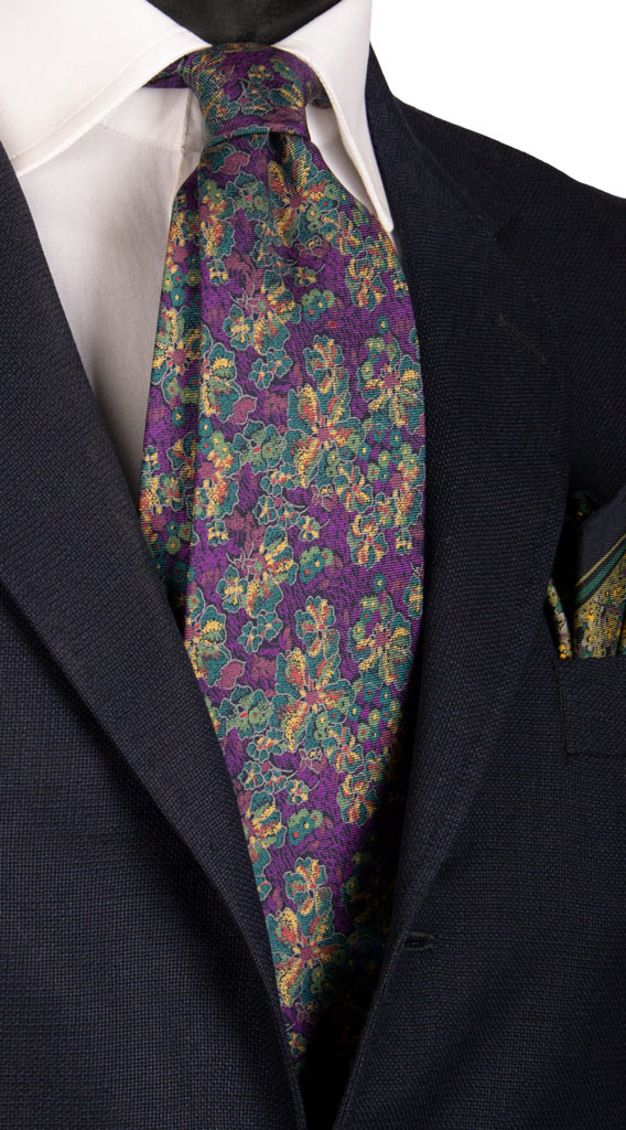 Cravatta Vintage in Twill di Seta Viola a Fiori Multicolor Made in Italy Graffeo Cravatte