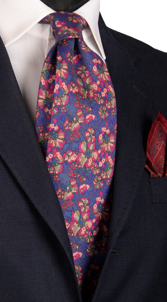 Cravatta Vintage in Twill di Seta Viola a Fiori Multicolor  CV745