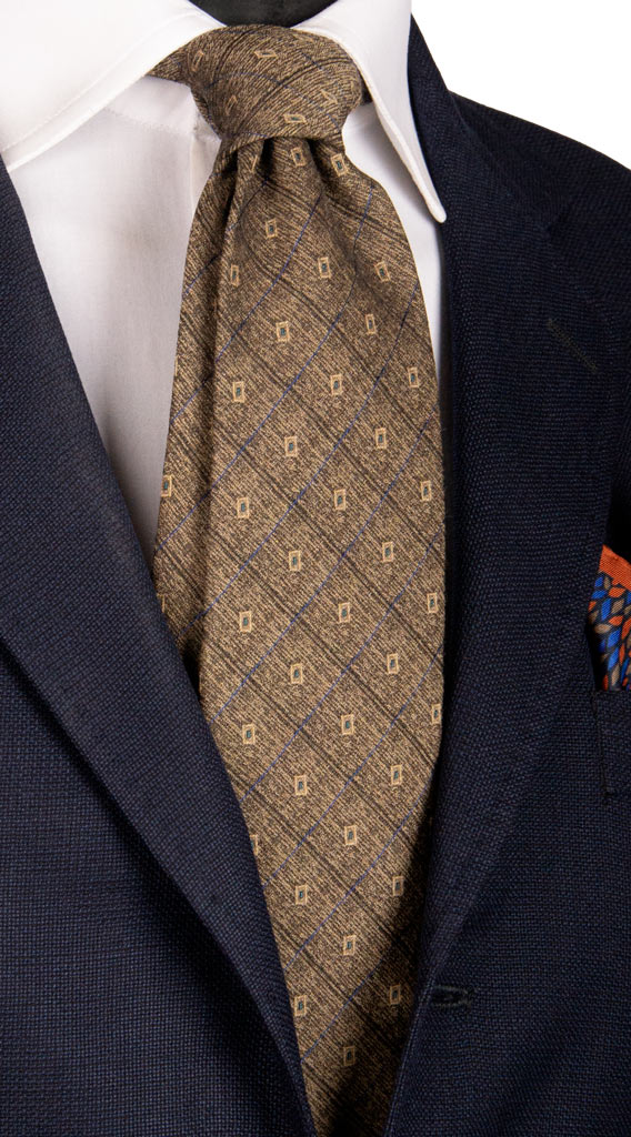 Cravatta a Quadri di Seta Marrone Beige Fantasia Bluette Verde Made in Italy Graffeo Cravatte