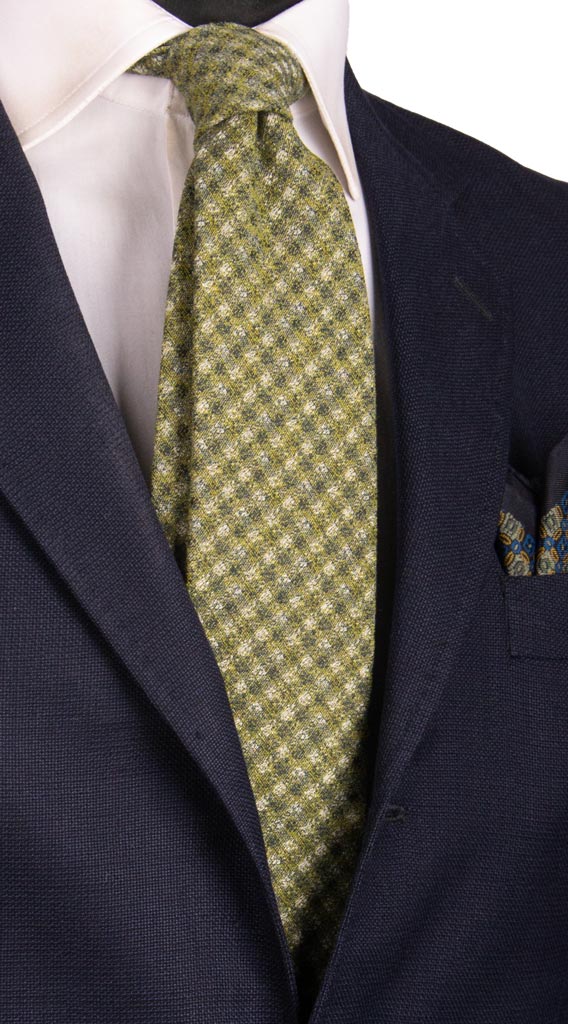 Cravatta a Quadri in Lana Seta Verde Blu Grigio Made in Italy Graffeo Cravatte