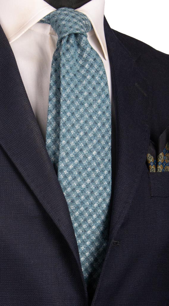 Cravatta a Quadri in Lana Seta Verde Acqua Blu Grigio Made in Italy Graffeo Cravatte