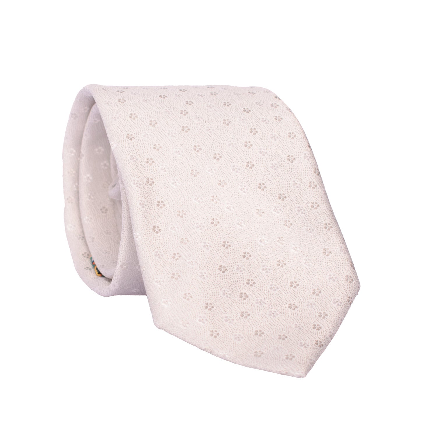Cravatta da Cerimonia di Seta Bianco Perla Cangiante a Fiori Grigi CY6606 Arrotolata