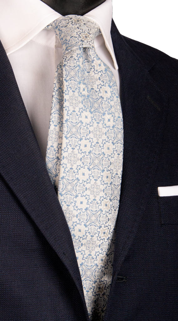 Cravatta da Cerimonia di Seta Bianco Perla Fantasia Celeste Grigia Made in Italy Graffeo Cravatte