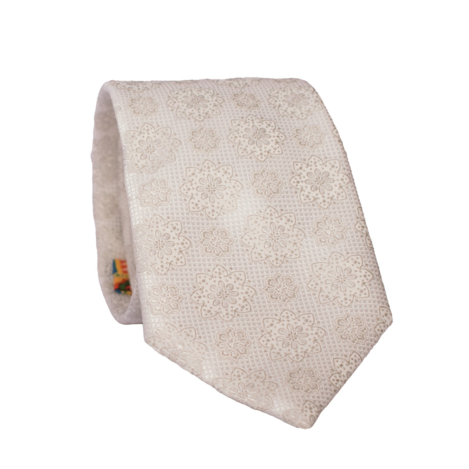 Cravatta da Cerimonia di Seta Bianco Perla a Medaglioni Grigio Argento CY6669 Arrotolata