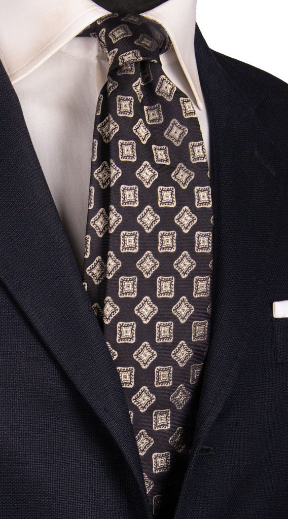 Cravatta da Cerimonia di Seta Blu Fantasia Grigia Argento CY6793 Made in Italy Graffeo Cravatte