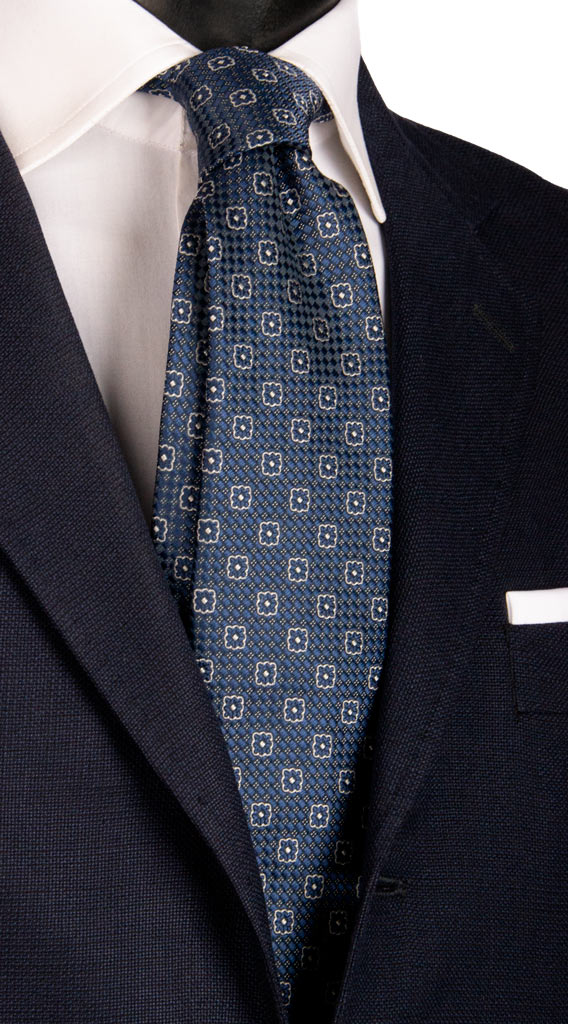 Cravatta da Cerimonia di Seta Blu Navy Fantasia Tono su Tono Grigio Argento Made in Italy Graffeo Cravatte