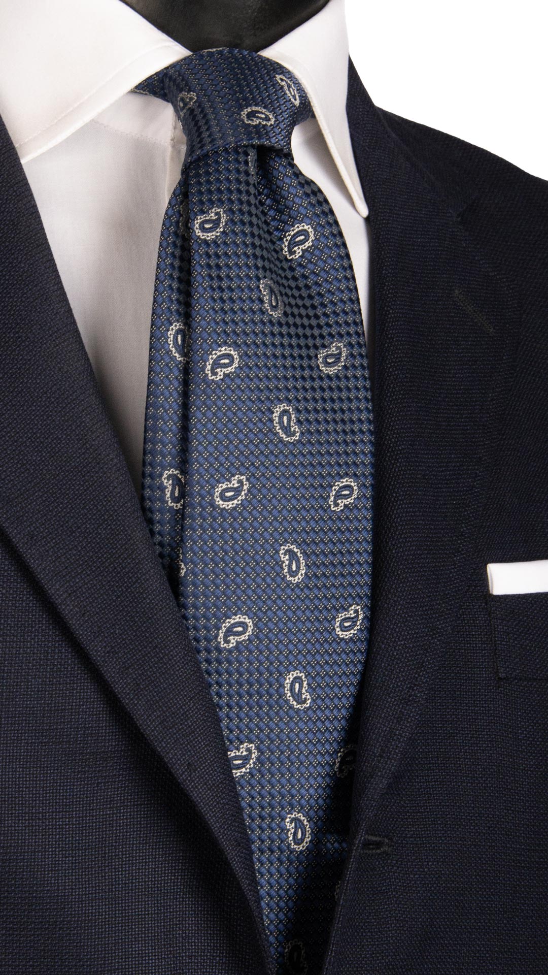 Cravatta da Cerimonia di Seta Blu Navy Paisley Tono su Tono Grigio Argento Made in italy Graffeo Cravatte