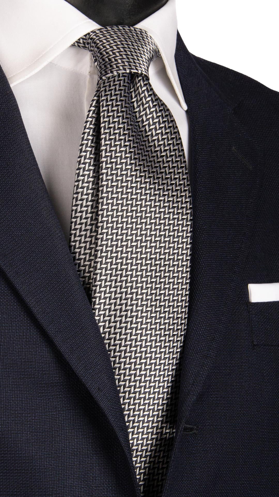 Cravatta da Cerimonia di Seta Fantasia Lisca di Pesce Blu Grigio Argento Made in Italy Graffeo Cravatte