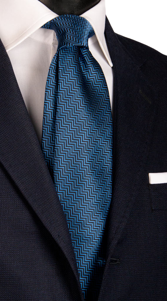 Cravatta da Cerimonia di Seta Fantasia Lisca di Pesce Bluette Blu Made in Italy Graffeo Cravatte