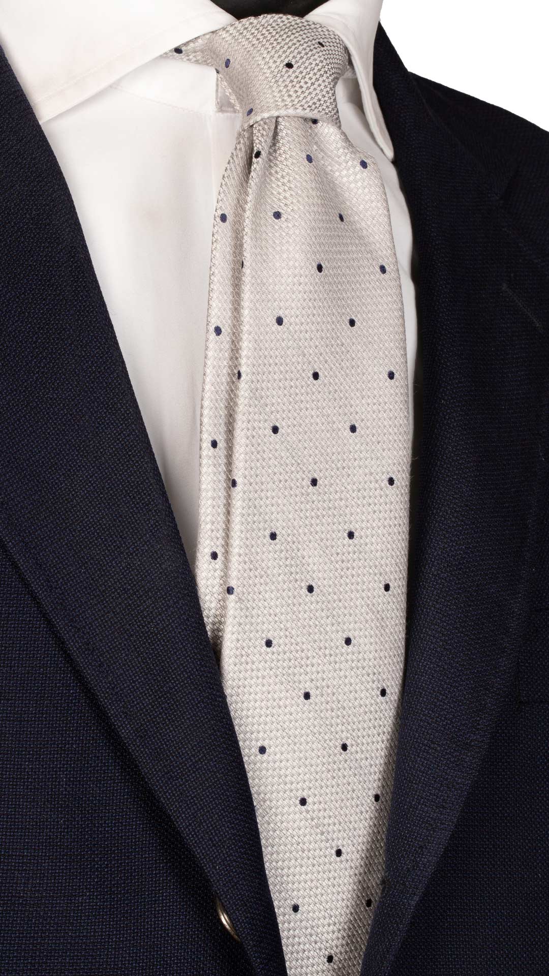 Cravatta da Cerimonia di Seta Grigio Argento Pois Blu Made in Italy Graffeo Cravatte