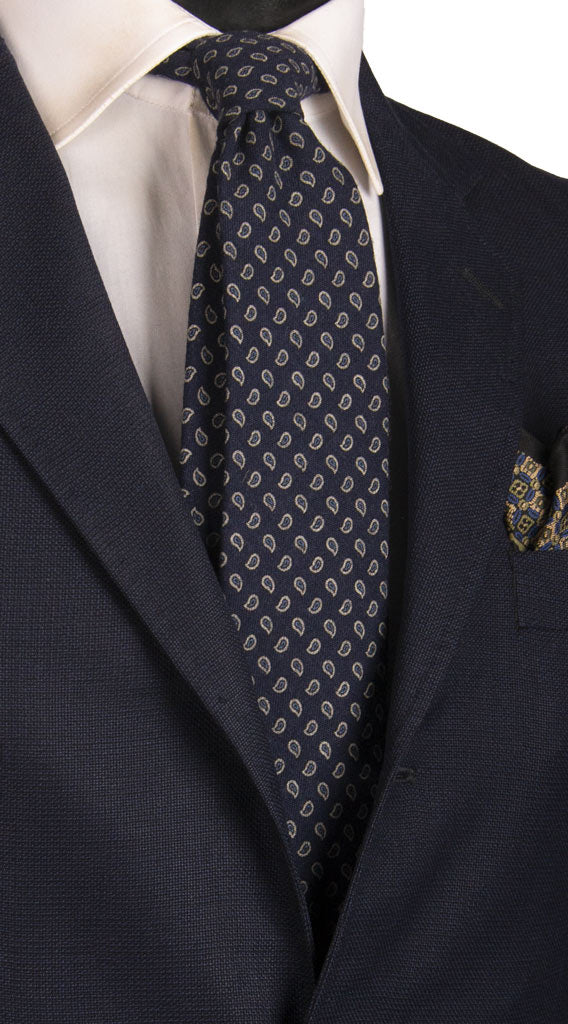 Cravatta di Lana Blu Paisley Grigio Chiaro Celeste Made in Italy Graffeo Cravatte