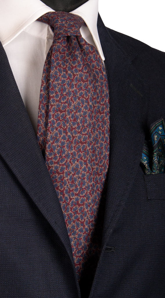 Cravatta di Lana Bordeaux a Fiori Blu Beige Made in Italy Graffeo Cravatte