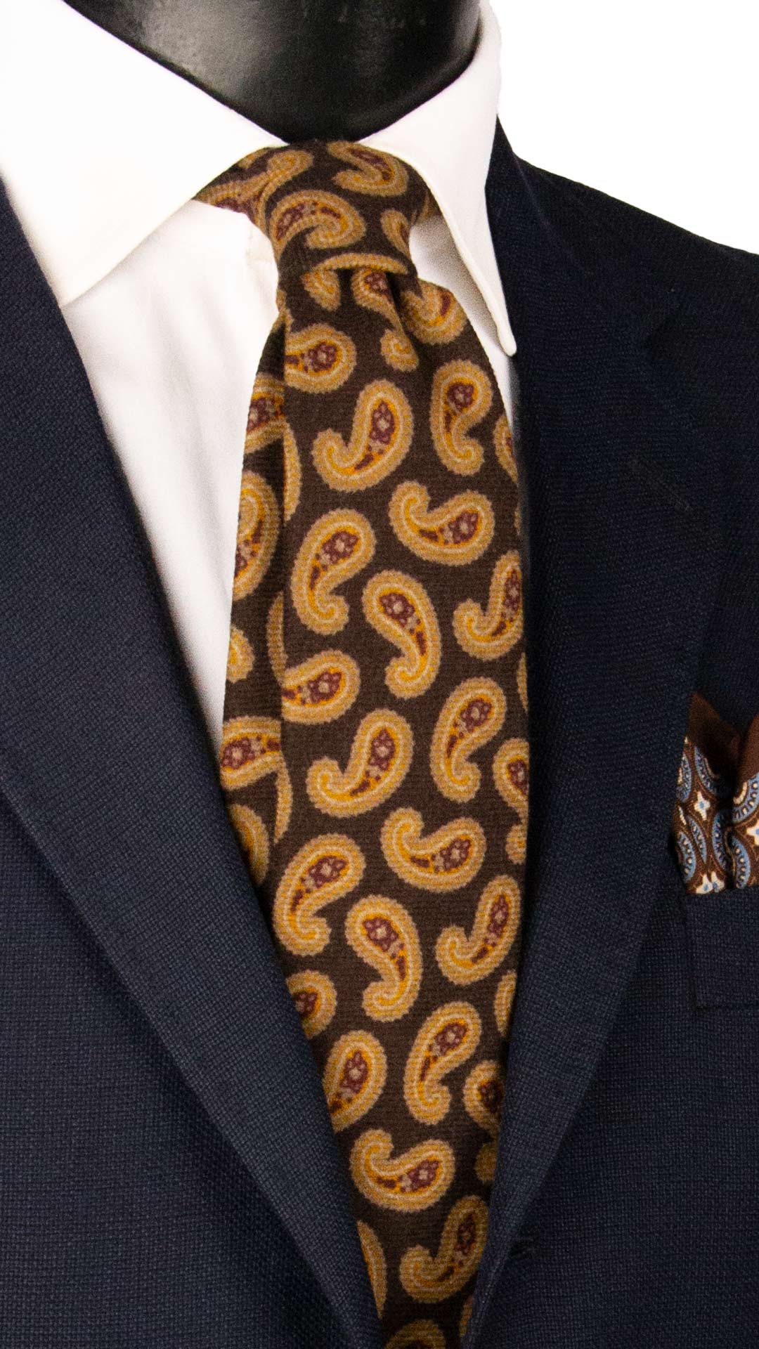 Cravatta di Lana Marrone Paisley Beige Scuro Giallo Senape Borgogna L1237 Made in Italy Graffeo Cravatte