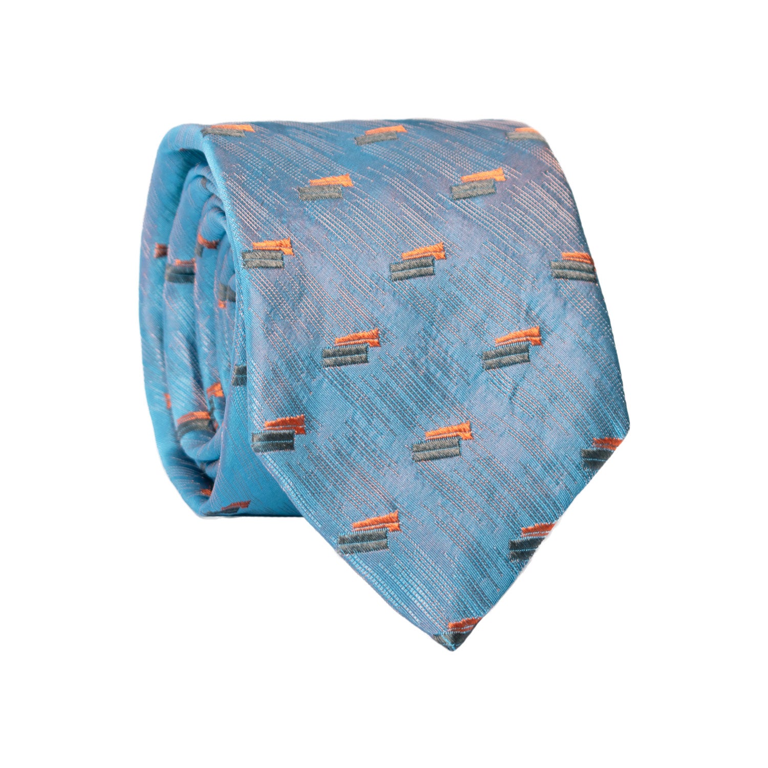 Cravatta di Seta Azzurra Lurex Fantasia Arancione Grigio Scuro 7239 Graffeo Cravatte Made in Italy Rotolo