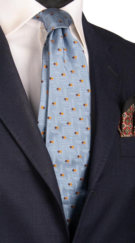Cravatta di Seta Azzurro Polvere Fantasia Ruggine Marrone 6920 Made in Italy Graffeo Cravatte