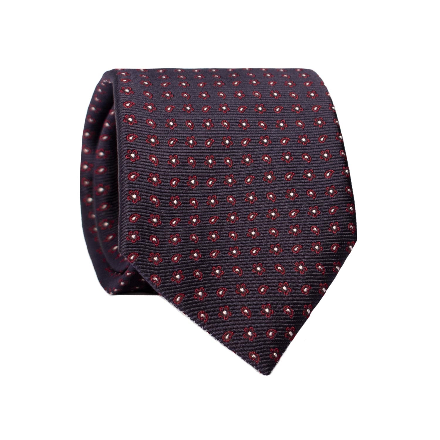 Cravatta di Seta Blu Fantasia Bordeaux Grigio Argento 7302 Graffeo Cravatte Made in Italy Rotolo