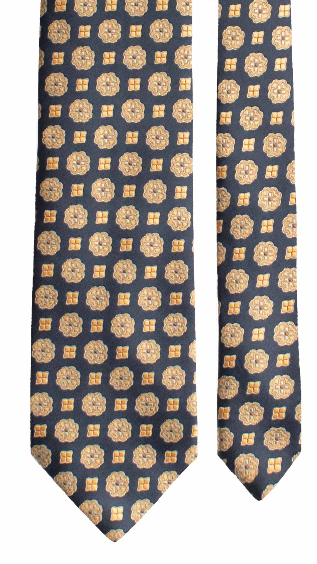 Cravatta di Seta Blu Fantasia Gialla Oro Marrone 1925 Graffeo Cravatte Made in Italy Pala
