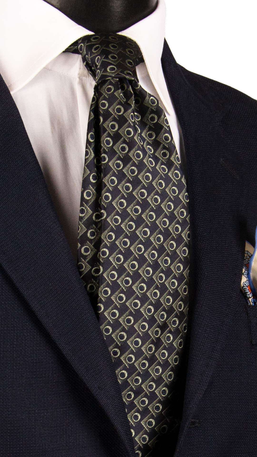 Cravatta di Seta Blu Fantasia Verde Salvia 7276 Graffeo Cravatte Made in Italy