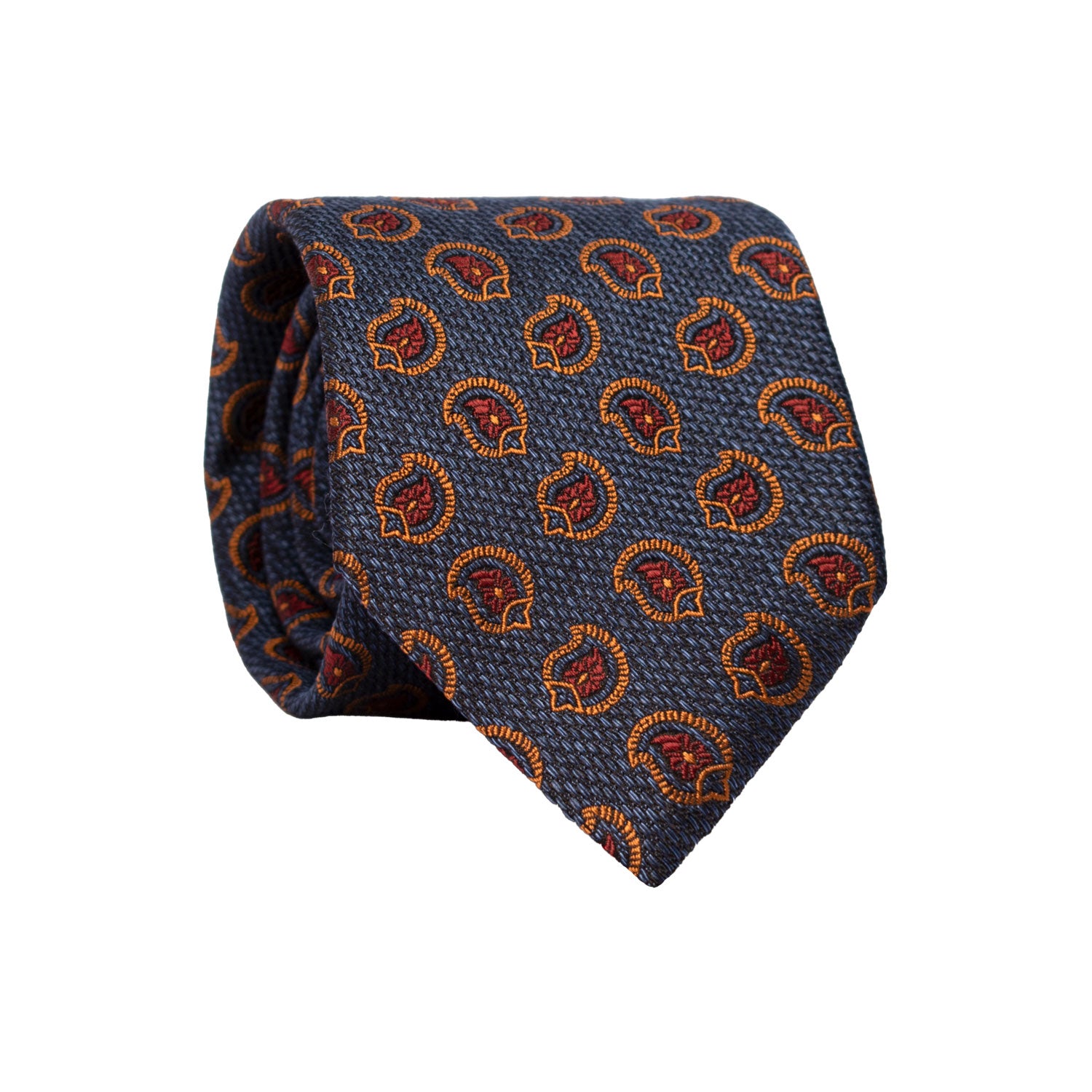 Cravatta di Seta Blu Navy Paisley Bordeaux Color Bronzo AN7406 Made in Italy Graffeo Cravatte Rotolo