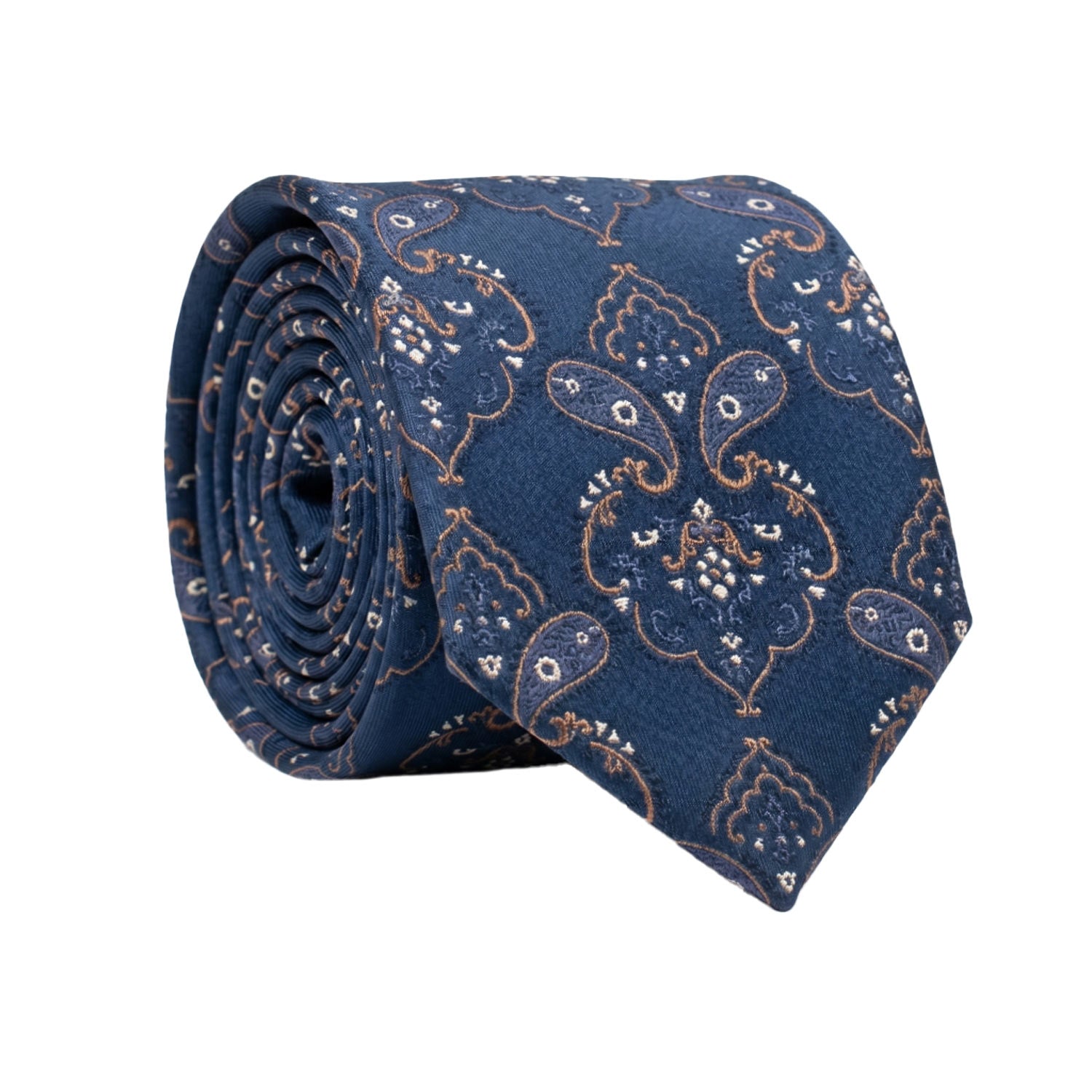 Cravatta di Seta Blu Navy Paisley Marrone Bianco 1528 Graffeo Cravatte Made in Italy Rotolo