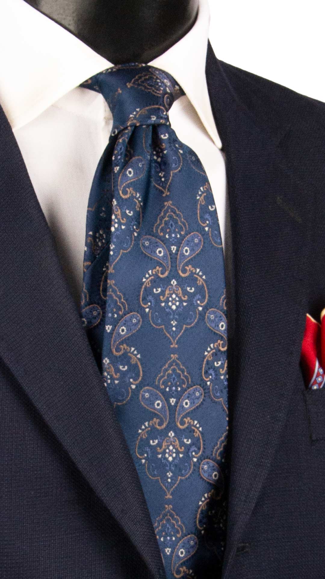 Cravatta di Seta Blu Navy Paisley Marrone Bianco 1528 Graffeo Cravatte Made in Italy