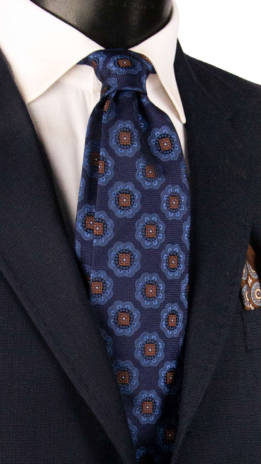 Cravatta di Seta Blu Navy a Medaglioni  Marrone Blu Bianchi AN8104 Made in Italy Graffeo Cravatte