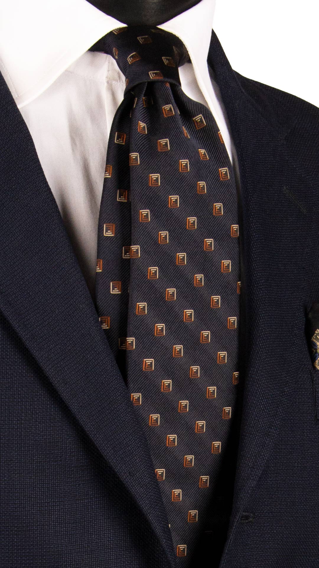 Cravatta-di-Seta-Blu-Notte-Fantasia-Marrone-Beige-7134
