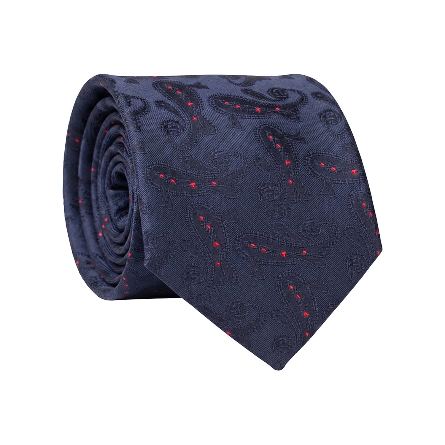 Cravatta di Seta Blu Paisley Tono su Tono Rosso 1653 Graffeo Cravatte Made in Italy Rotolo
