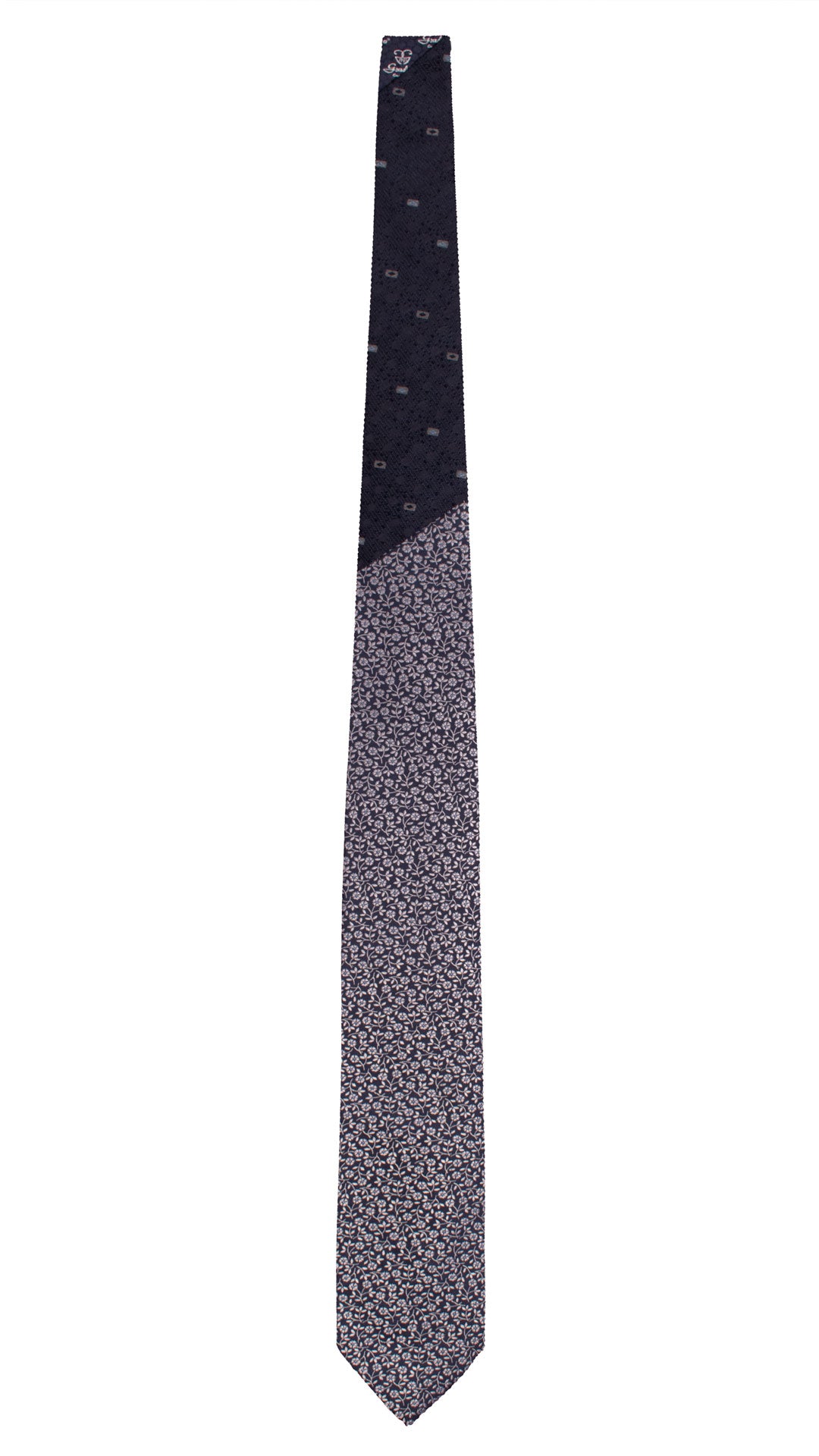 Cravatta di Seta Blu a Fiori Grigi Celesti Nodo in Contrasto Blu Fantasia Tono su Tono Grigio Celeste N3366 Made in Italy Graffeo Cravatte Intera