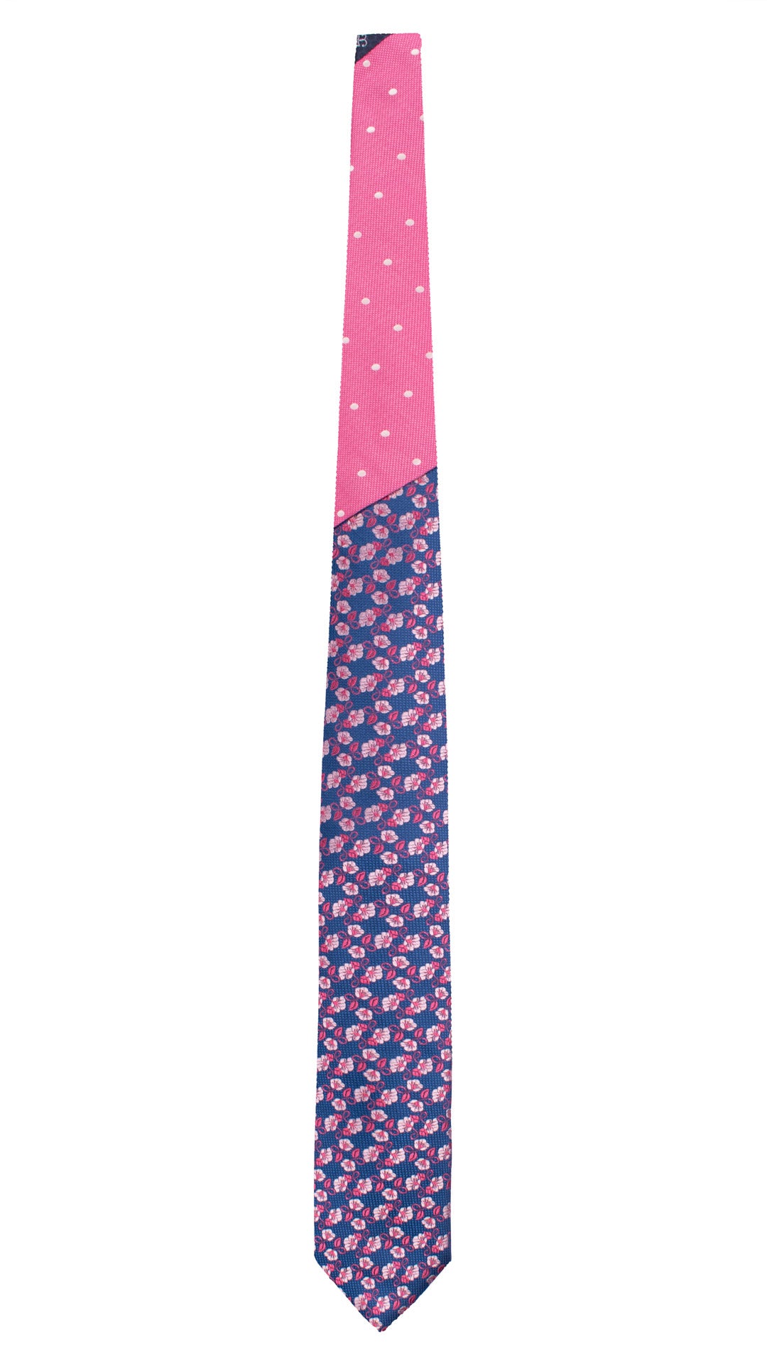Cravatta di Seta Bluette a Fiori Rosa Magenta Nodo in Contrasto Magenta a Pois Bianchi N3315 Graffeo Cravatte Made in Italy Intera