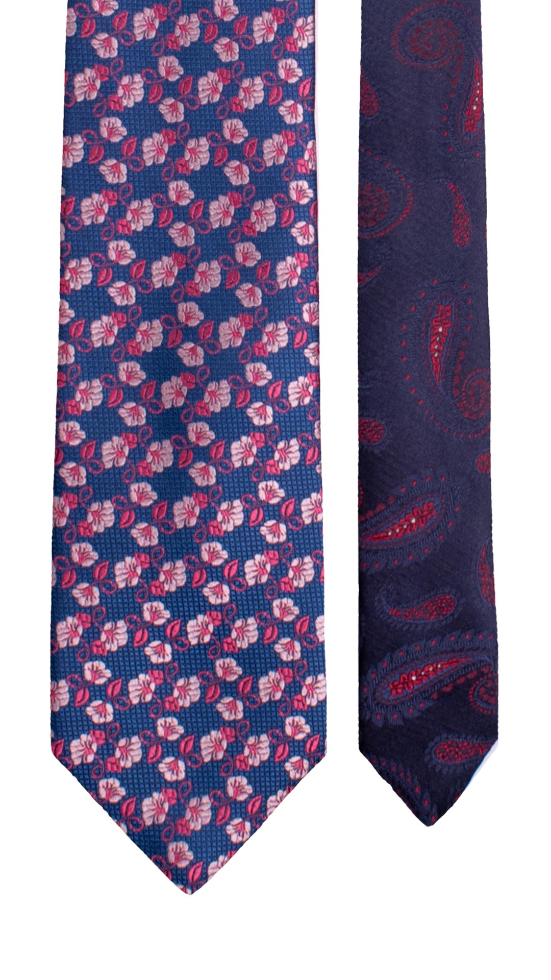 Cravatta di Seta Bluette a Fiori Rosa Magenta Nodo in Contrasto Rosa con Righe Bluette Azzurre Bianche N3444 Made in Italy Graffeo Cravatte Pala