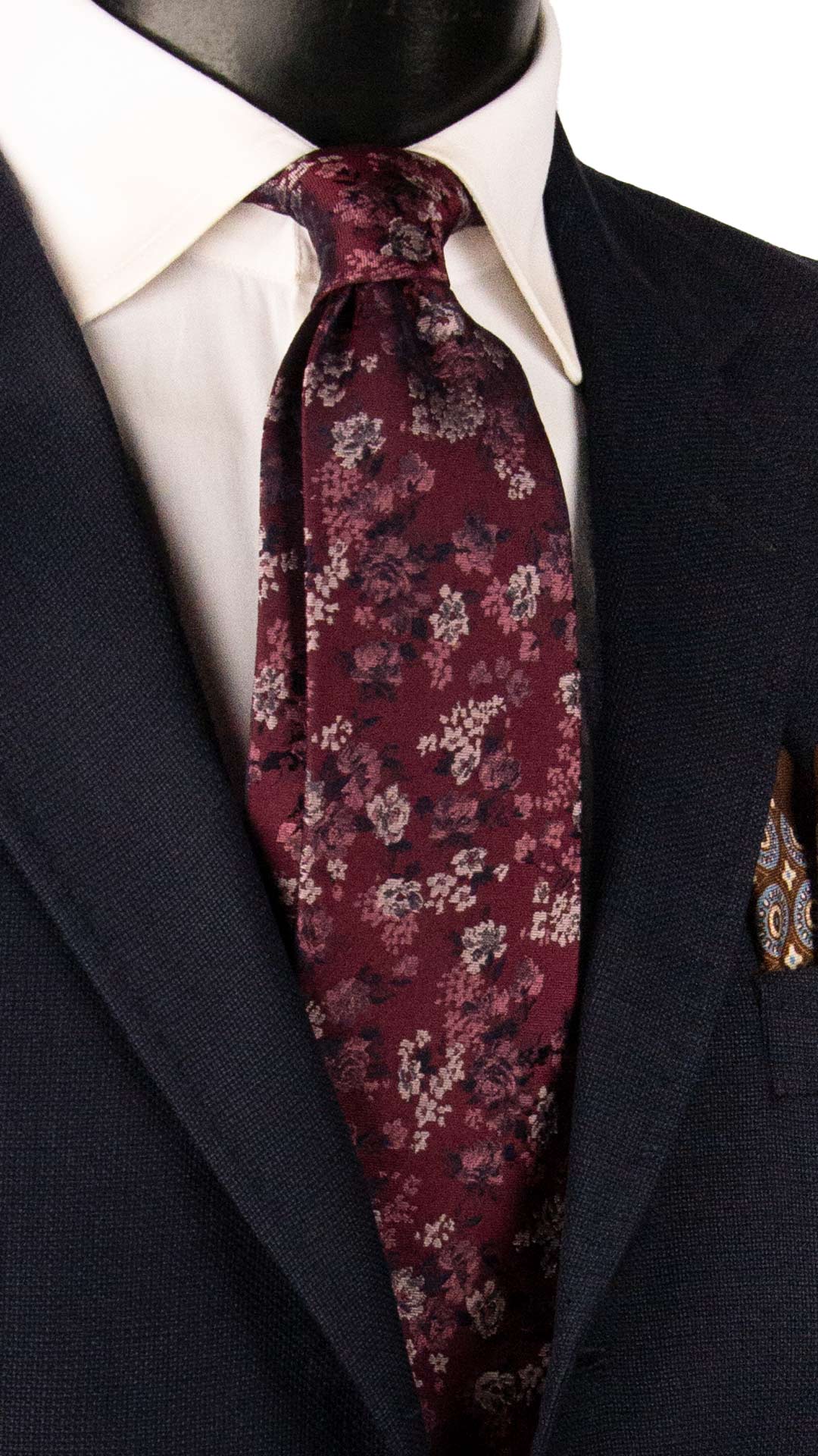 Cravatta di Seta Bordeaux a Fiori Rosa Blu Grigio Argento AN8106 Made in Italy Graffeo Cravatte