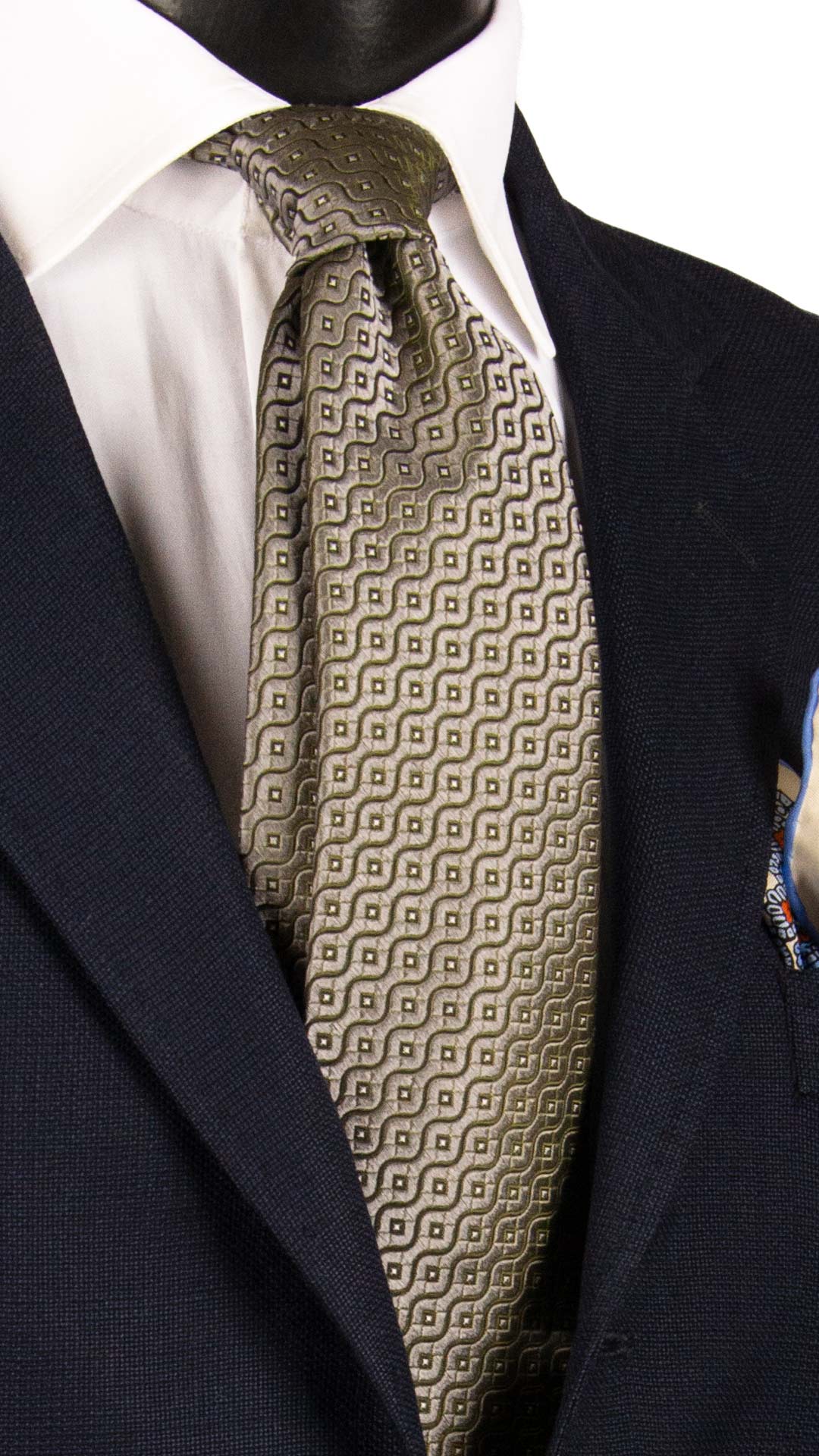 Cravatta di Seta Grigia Cangiante Fantasia Verde Bianca 7265 Graffeo Cravatte Made in Italy