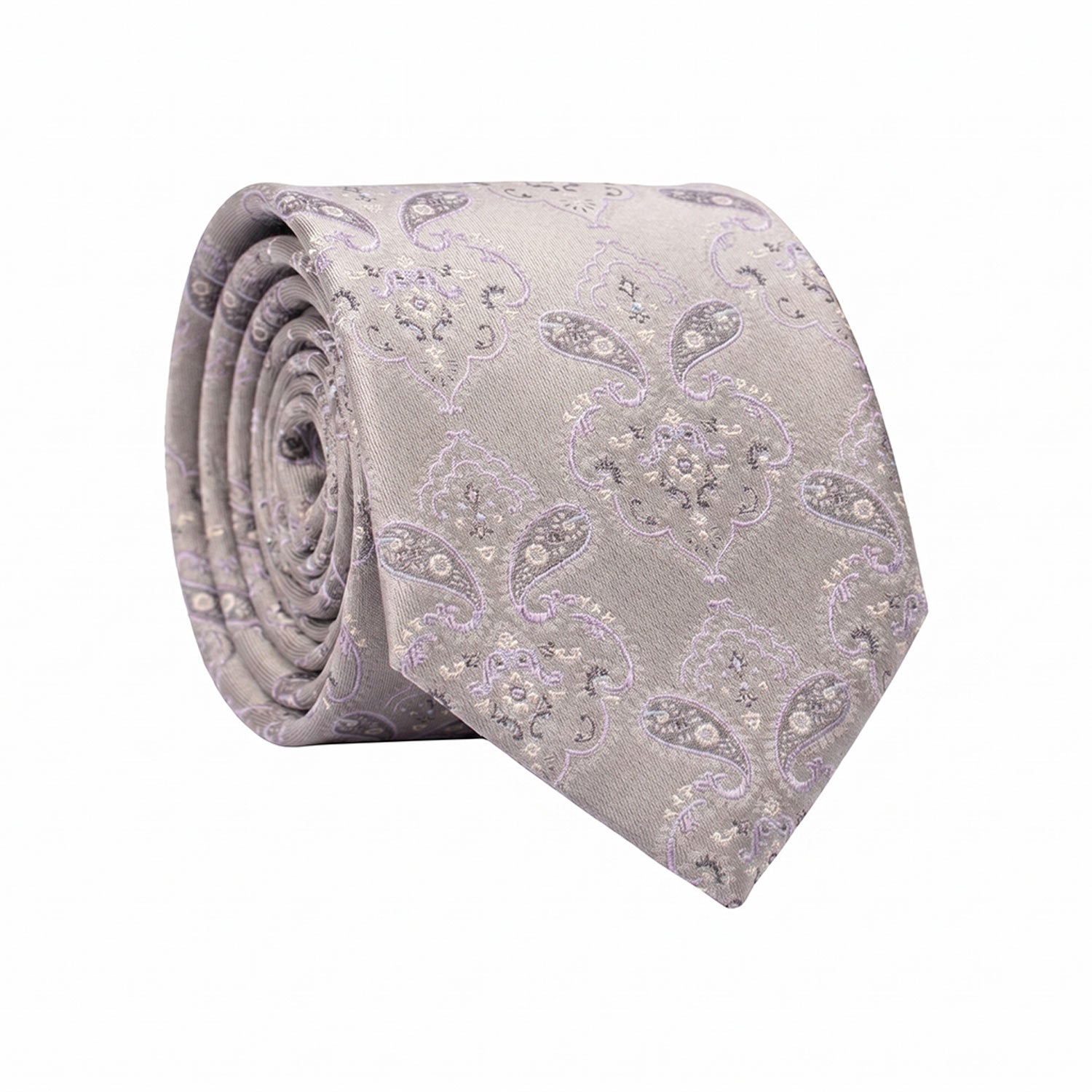Cravatta di Seta Grigia Paisley Lilla Bianco 1638 Graffeo Cravatte Made in Italy Rotolo