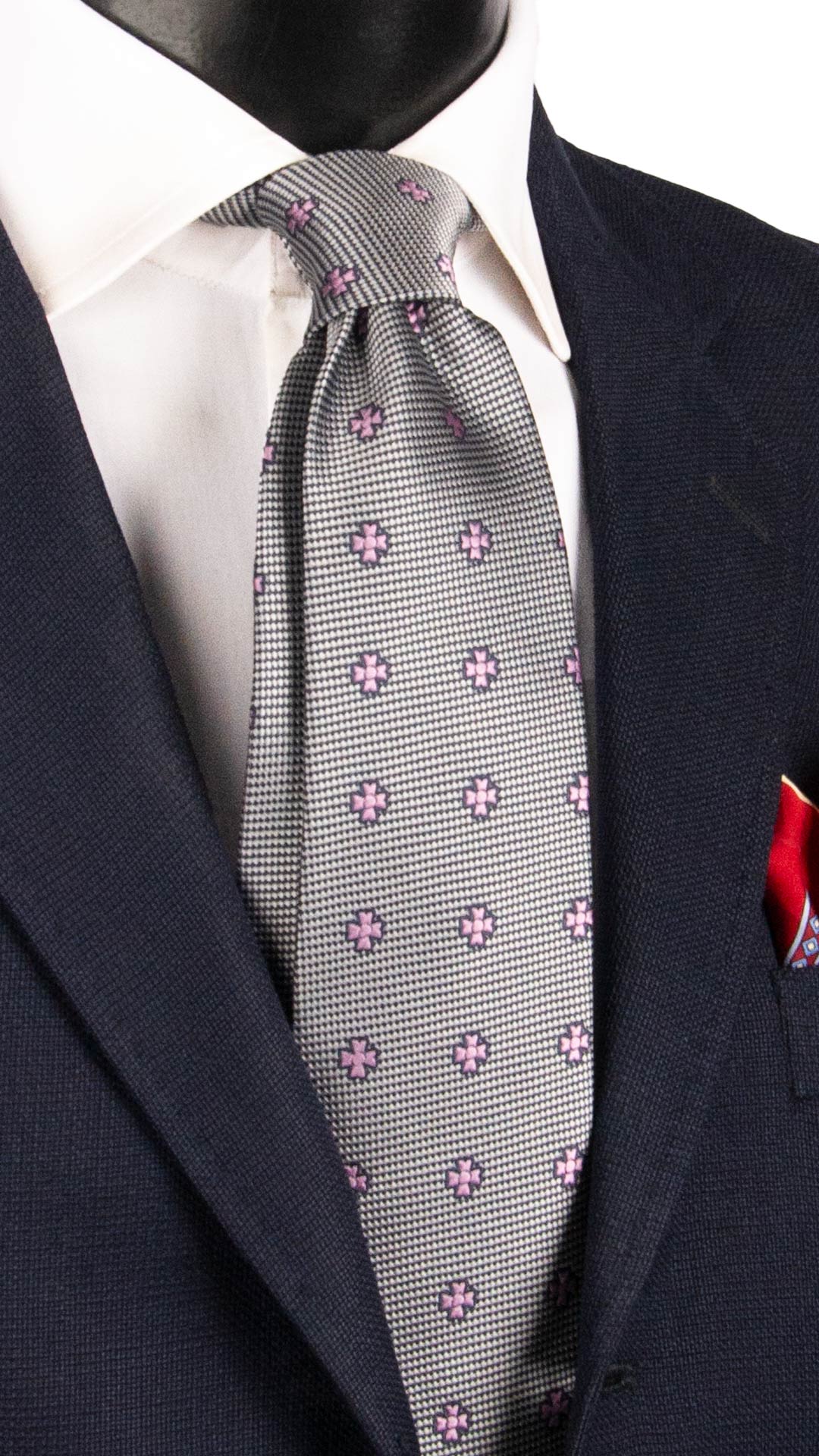 Cravatta di Seta Grigio Argento Blu Fantasia Rosa 1772 Graffeo Cravatte Made in Italy