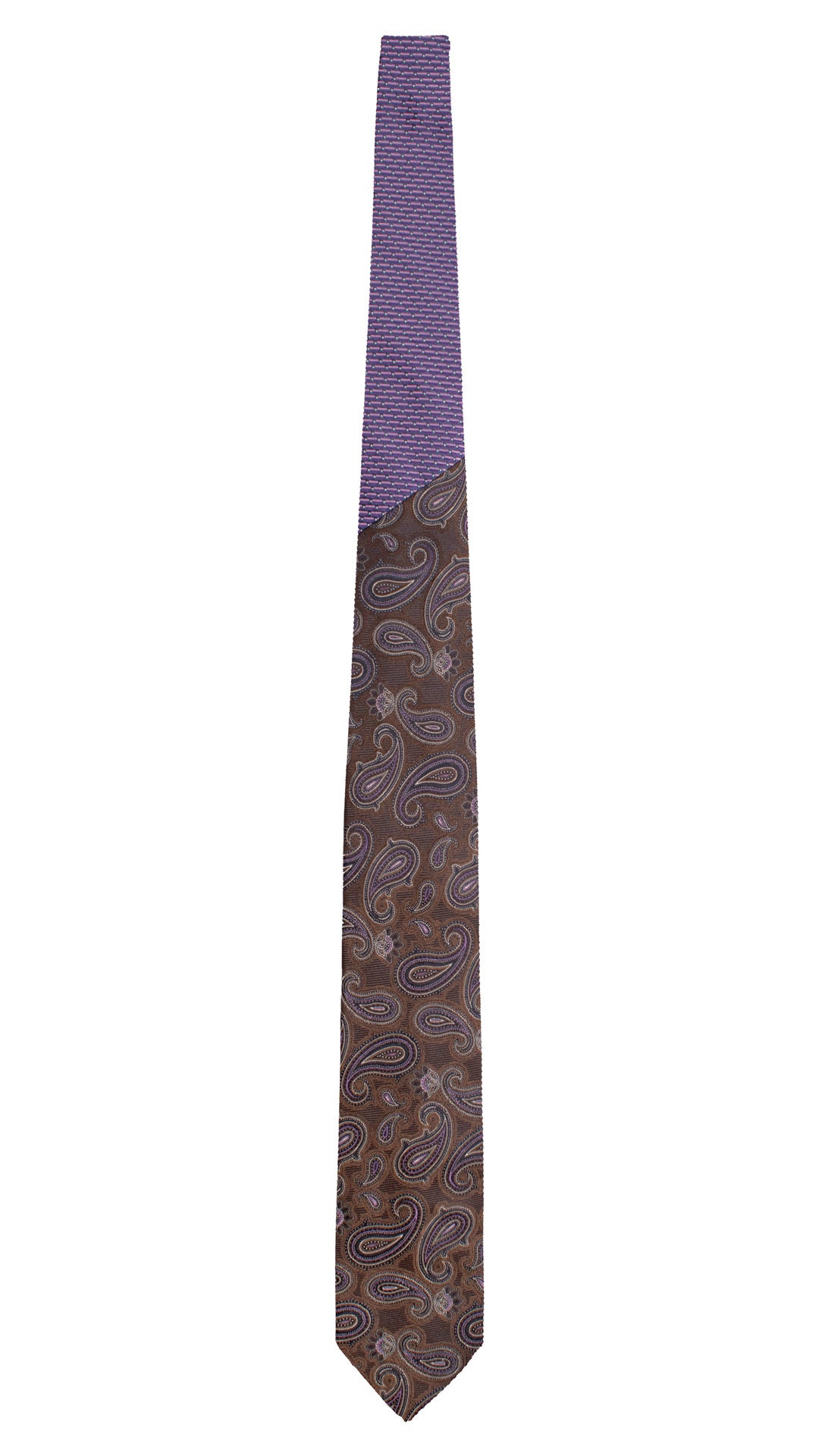 Cravatta di Seta Marrone Bruciato Paisley Viola Blu Nodo in Contrasto Blu Fantasia Viola Orchidea Bianco N3461 Made in Italy Graffeo Cravatte Intera