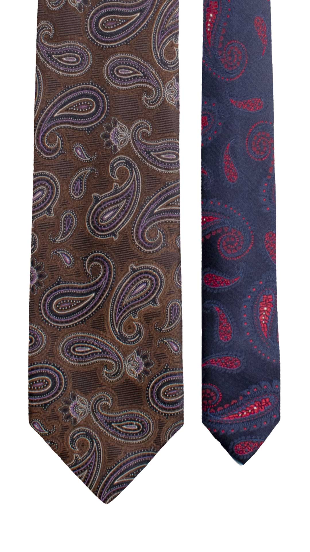 Cravatta di Seta Marrone Bruciato Paisley Viola Blu Nodo in Contrasto Blu Fantasia Viola Orchidea Bianco N3461 Made in Italy Graffeo Cravatte Pala