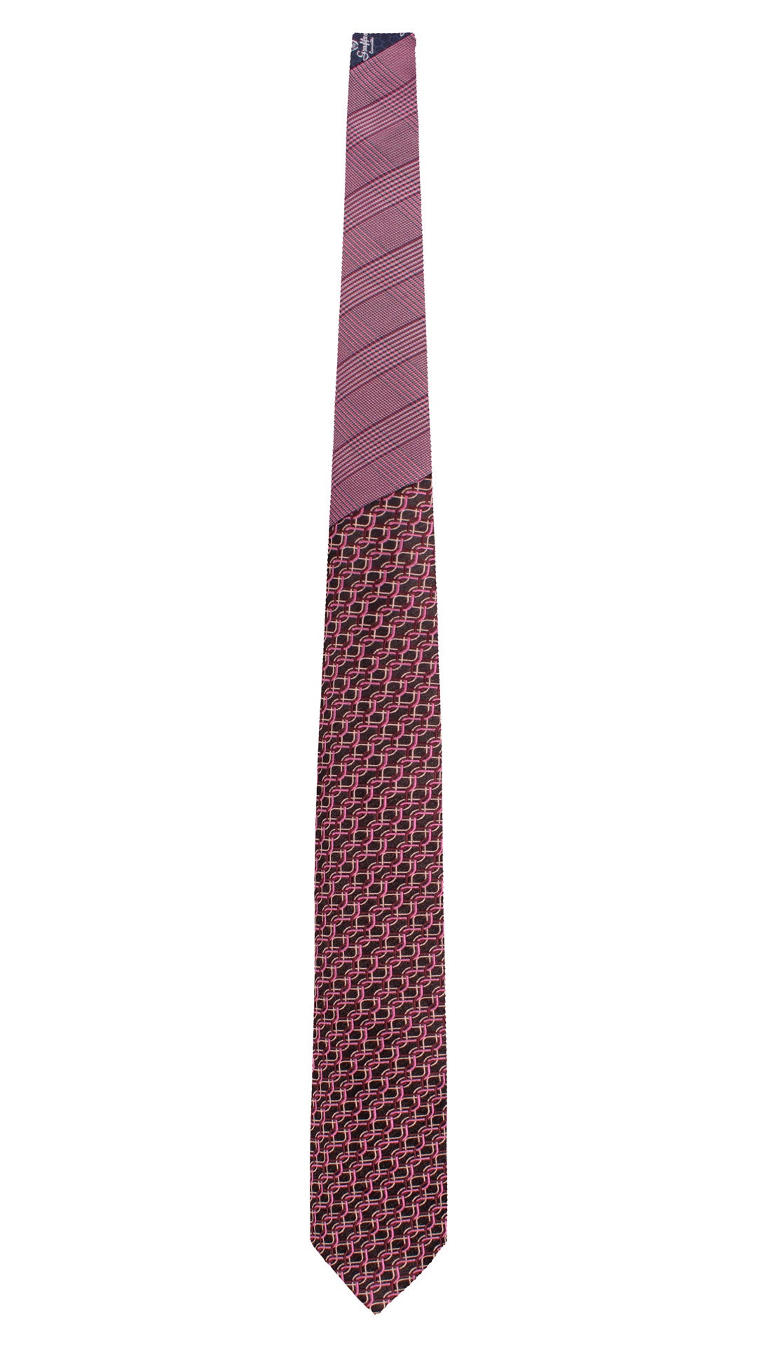 Cravatta di Seta Marrone Bruciato Fantasia Rosa Vinaccia Colore Orchidea Nodo in Contrasto Principe di Galles Magenta N3286 Made in Italy Graffeo Cravatte Intera