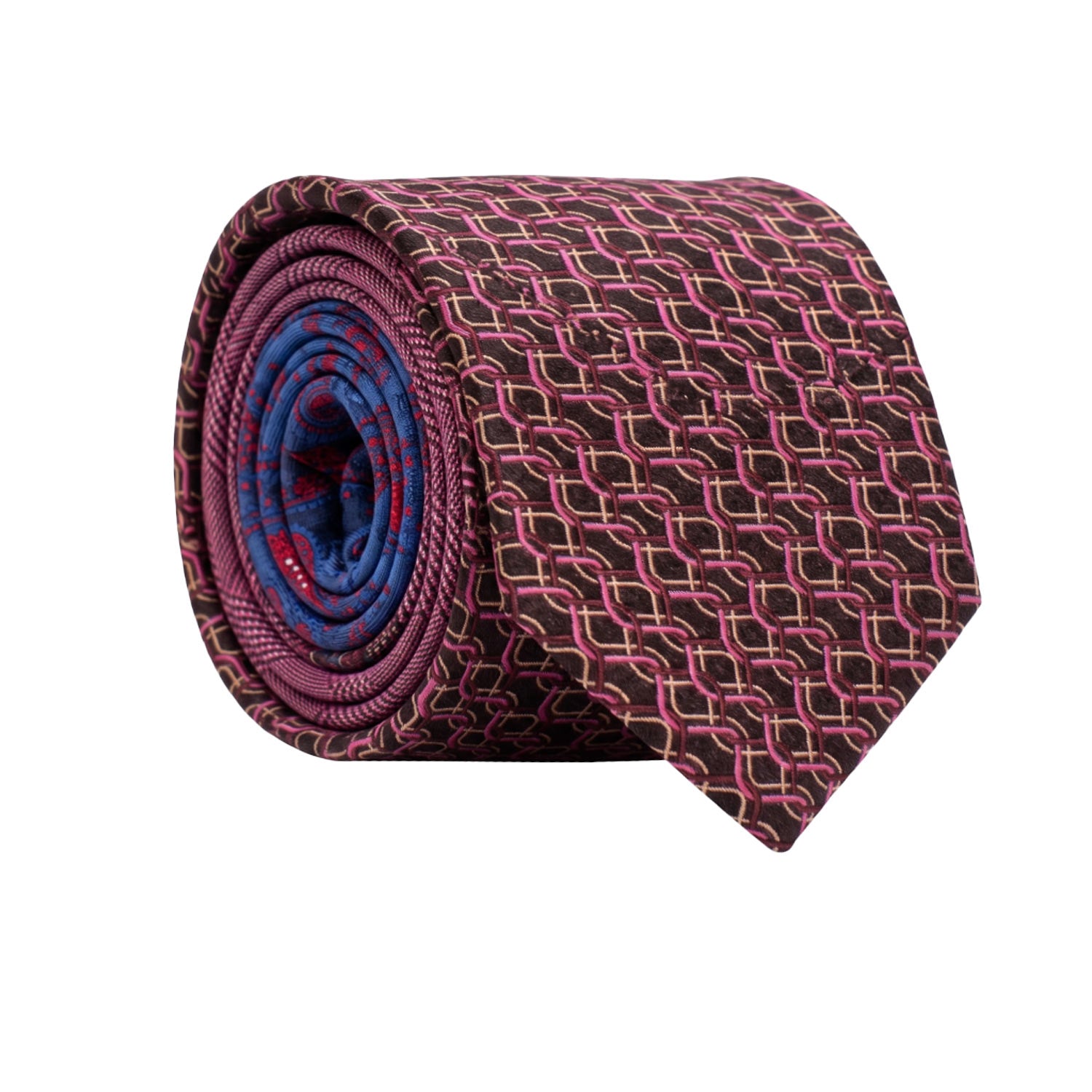 Cravatta di Seta Marrone Bruciato Fantasia Rosa Vinaccia Colore Orchidea Nodo in Contrasto Principe di Galles Magenta N3286 Made in Italy Graffeo Cravatte Rotolo