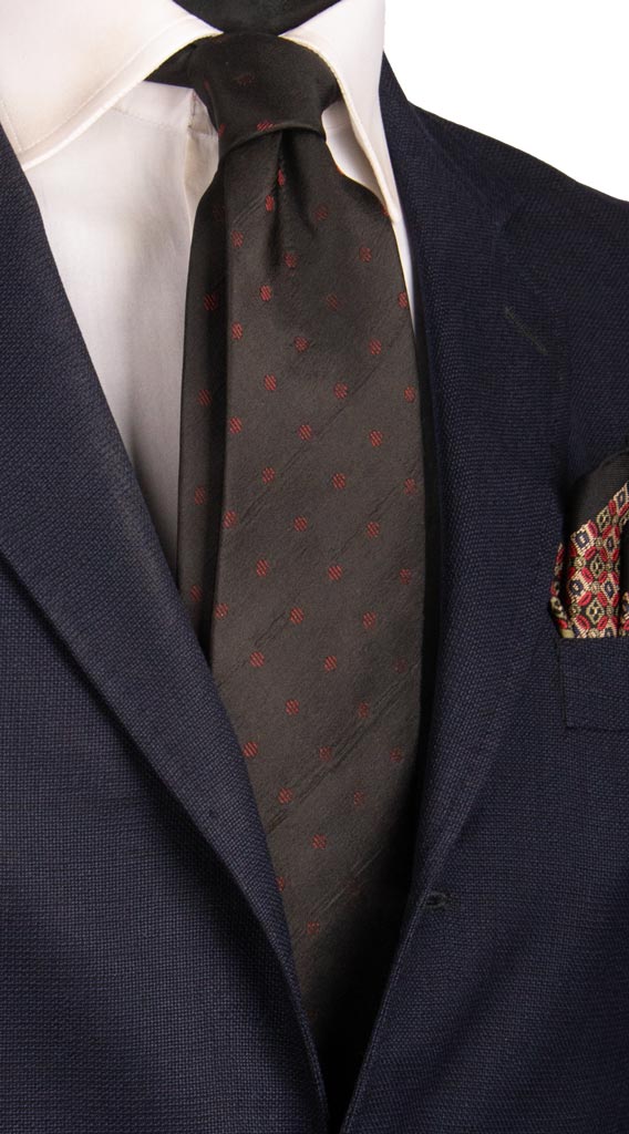 Cravatta di Seta Nera Effetto Cangiante a Pois Rossi Lurex 6921 Made in Italy Graffeo Cravatte