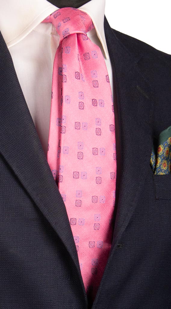 Cravatta di Seta Rosa Fantasia Blu Celeste AN6896 Made in italy Graffeo Cravatte