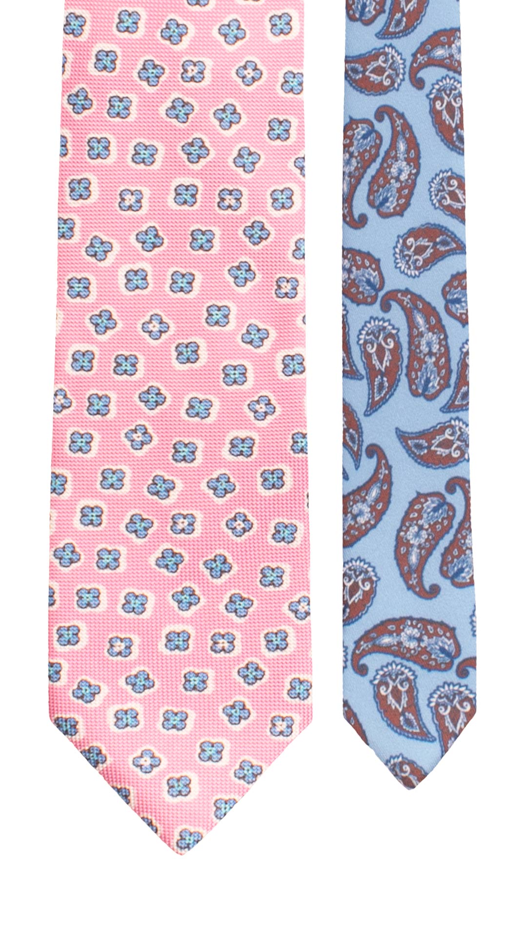 Cravatta di Seta Rosa a Fiori Azzurri Bianchi Nodo in Contrasto Azzurro Polvere Paisley Marrone Blu N3472 Made in Italy Graffeo Cravatte Pala