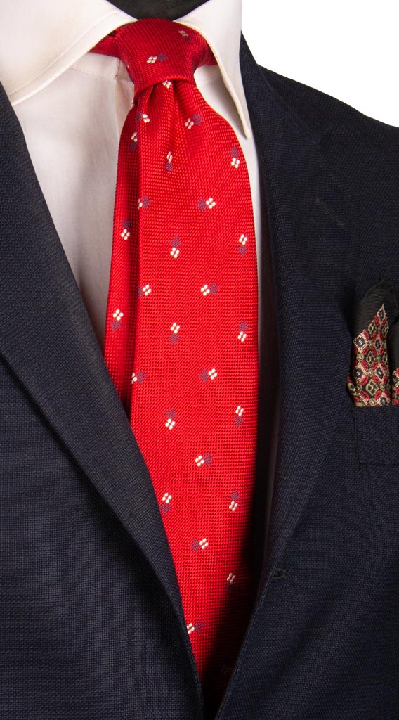 Cravatta Uomo Jacquard Seta Fantasia Checked Blu Scuro Rosso E Bianco - Perfetta Per Matrimoni E Affari